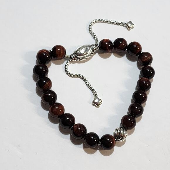 David Yurman Sterling Silver Red Tiger's Eye Spiritual‎ Bead Bracelet Adjustable - Picture 2 of 10